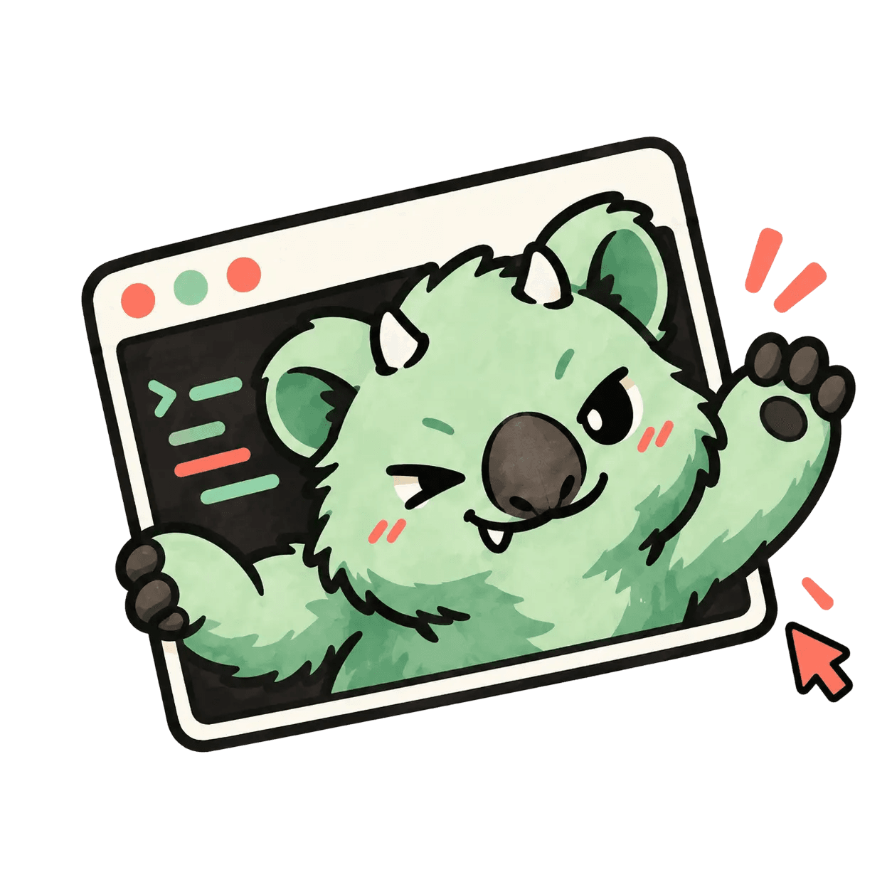 Orugu popping out of a browser window, holding the frame with one paw and waving with the other